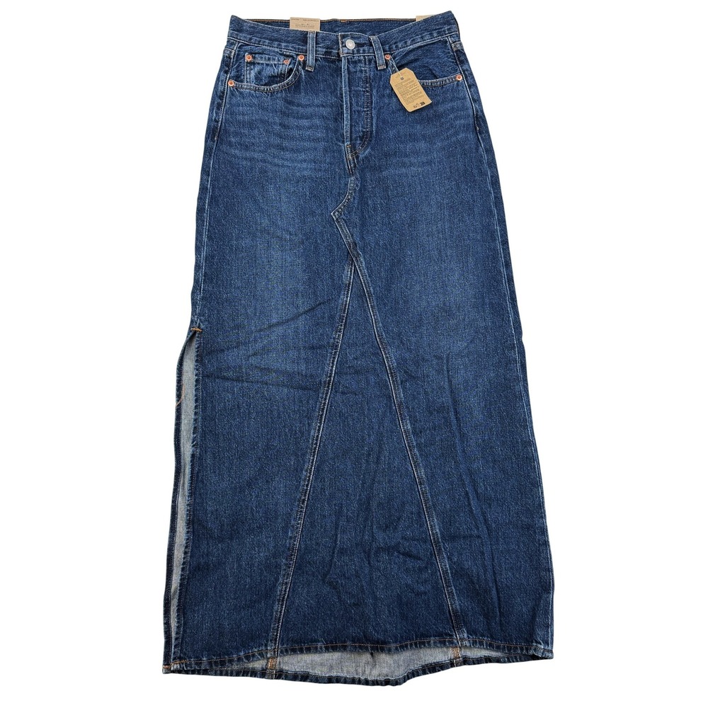 Levi's Iconic Long Skirt Denim Maxi Womens Size 27 Side Slit Button Fly Blue New